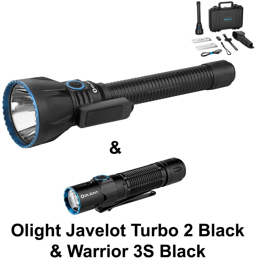 Olight Javelot Turbo 2 Black 1500 Meters Long Range Flashlight &Warrior 3S Black