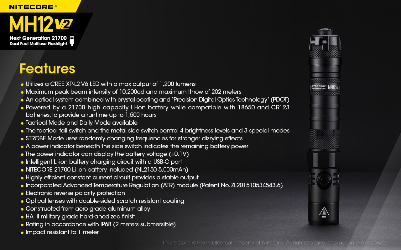 NITECORE MH12 v2 1200 LM USB-C Rechargeable Tactical Flashlight + NL2150 Battery