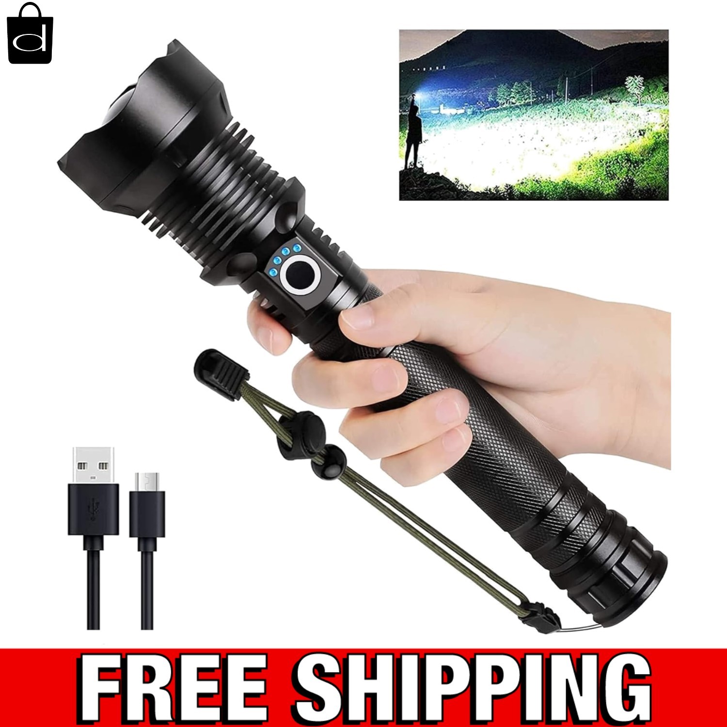 90,000 Lumens LED Flashlight – Rechargeable, Waterproof, 5 Modes for Outdoor Use