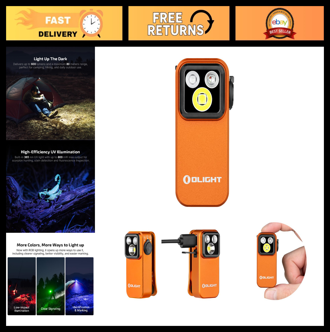 600 Lumens Rechargeable EDC Flashlight – Clip-On, Magnetic, White LED, UV, RGB –