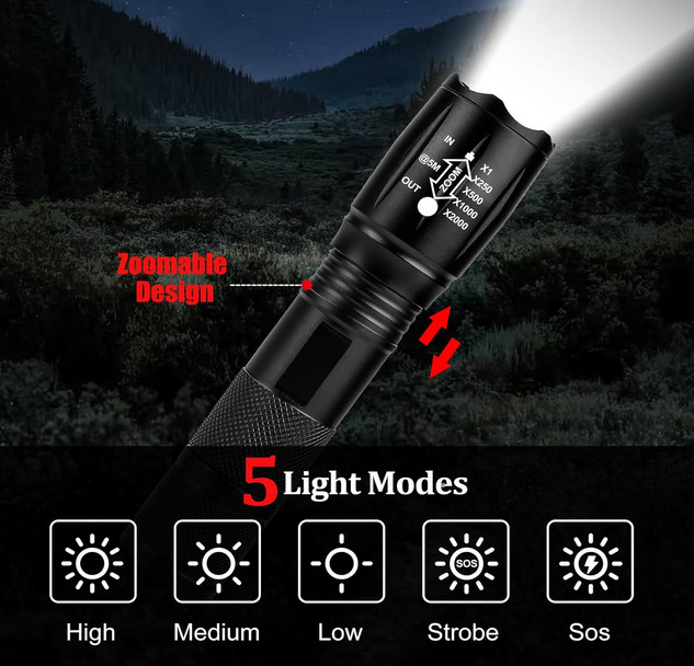 2 Pack LED Flashlights Zoomable 5 Modes High Power Tactical Outdoor Camping