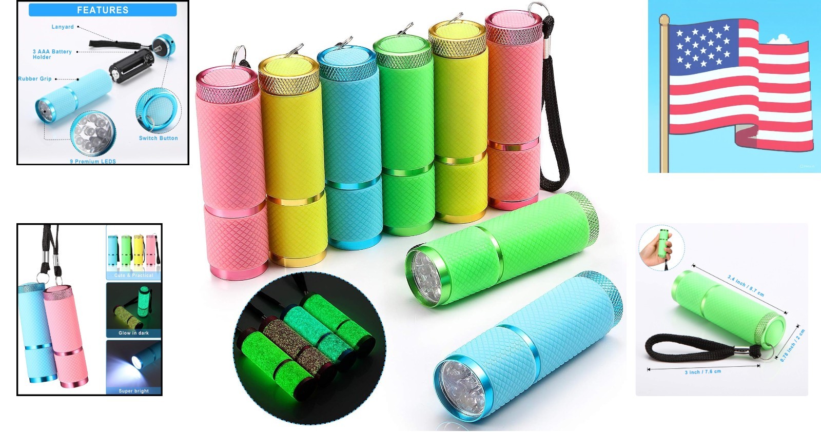 8 Pieces Glow in Dark Flashlights Set, 9 LED Mini Flashlights Rubber Coated w…
