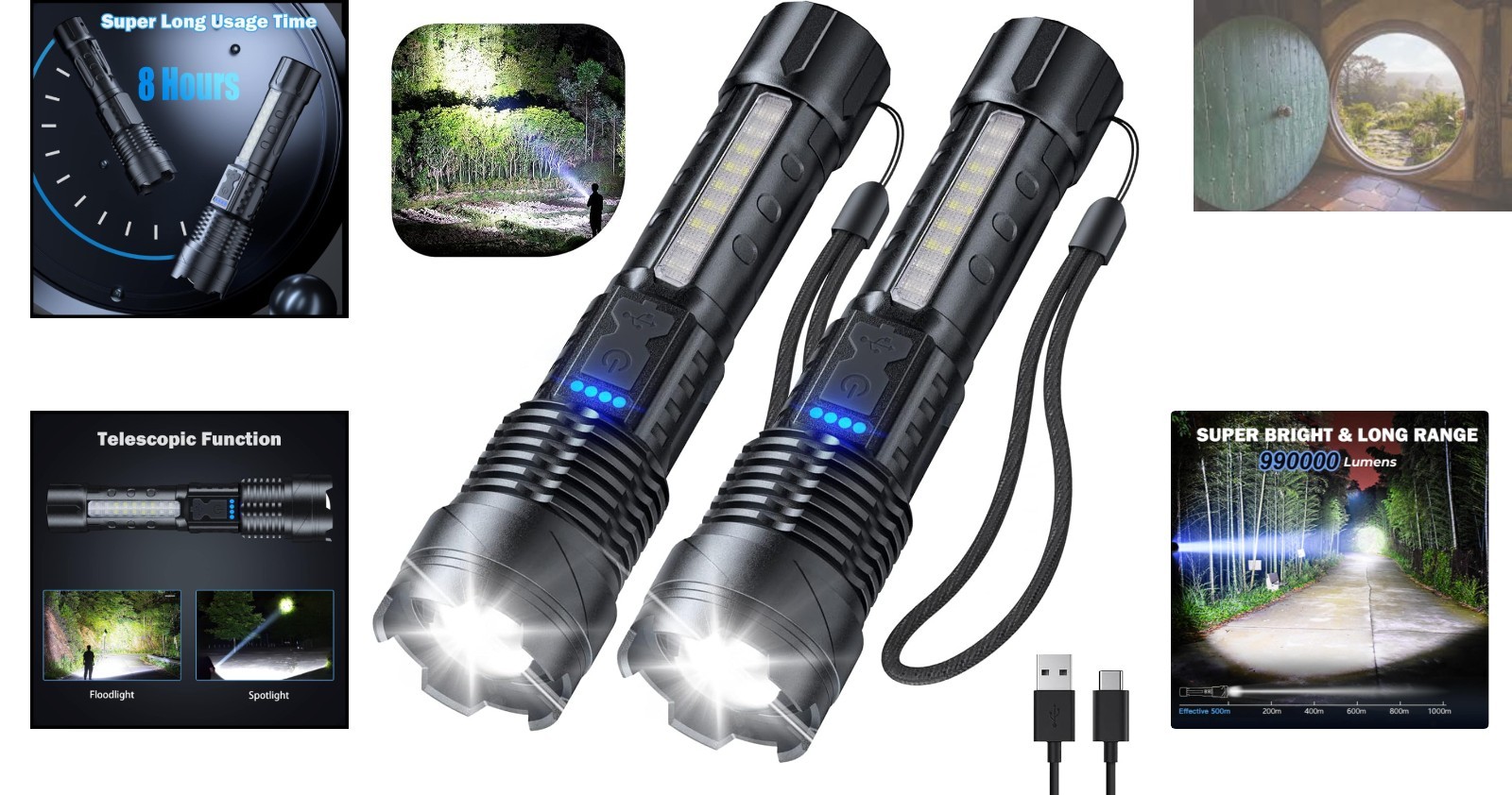 Ultra-Bright 90000 Lumen Flashlights 2 Pack – Rechargeable and Waterproof Design