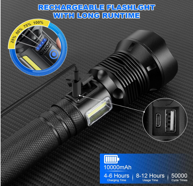 Linterna LED recargable 99.000 lúmenes, 7 modos, IPX6, ideal para camping. Negro