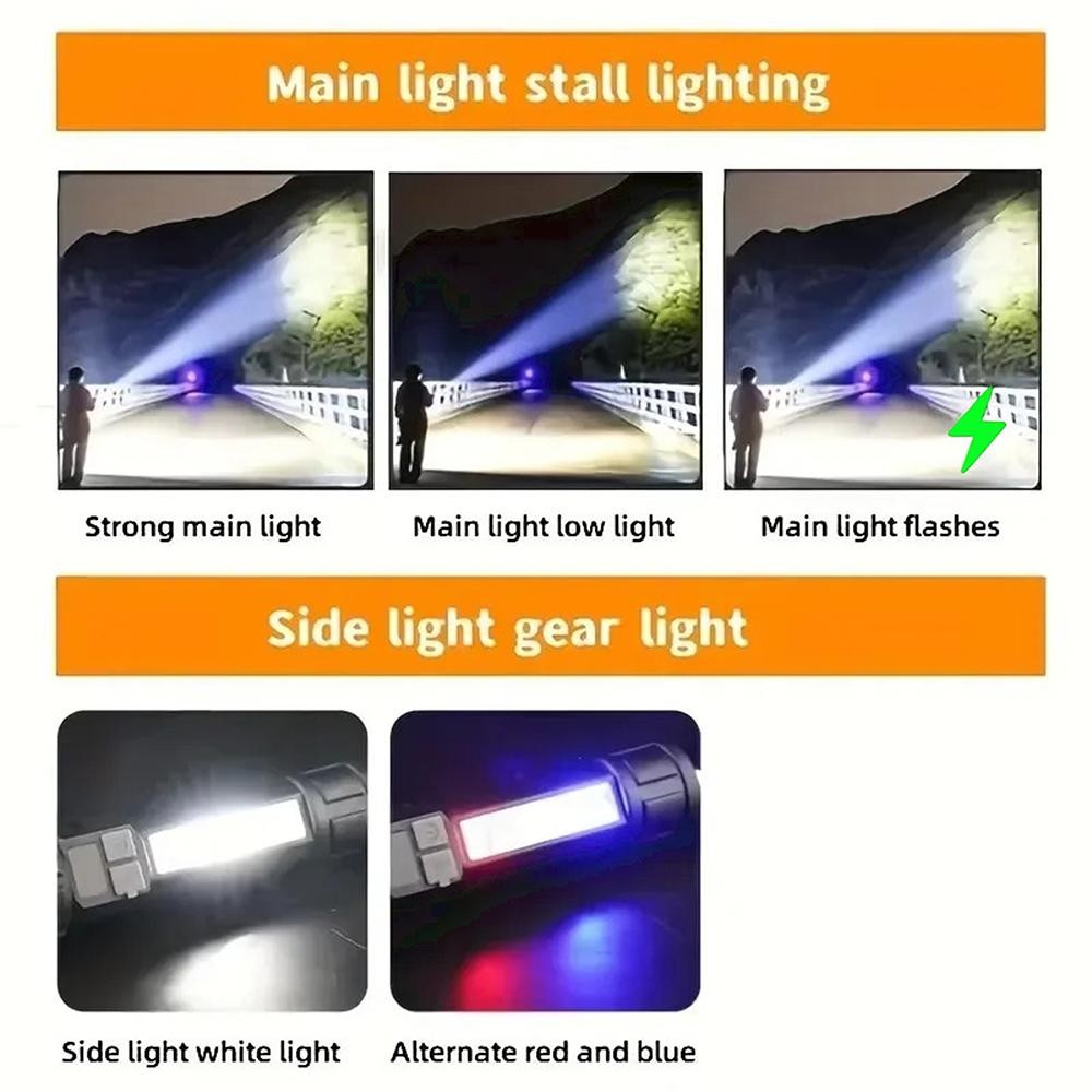 High Power LED Flashlight Type-C Rechargeable COB Torch with Side Light