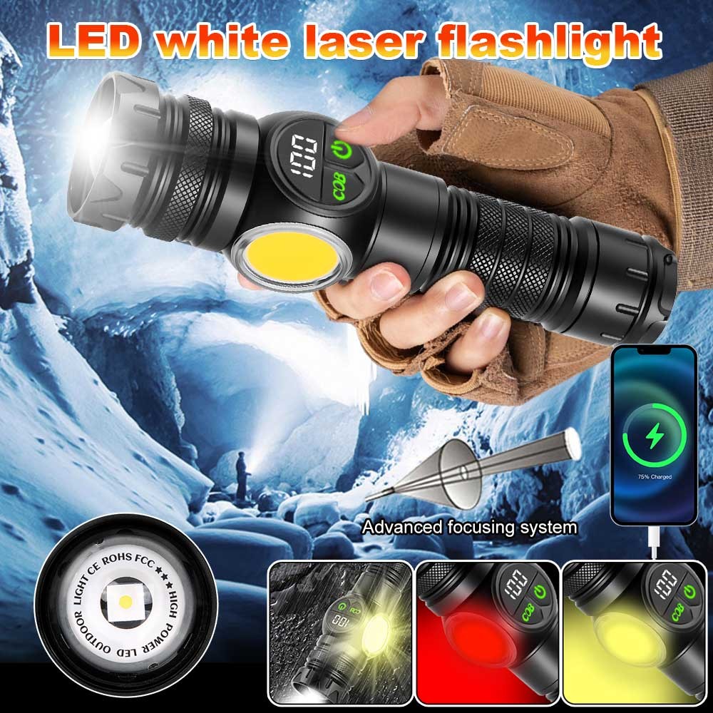 10000LM Laser LEP Flashlight Yellow Red Light Zoom USB Charging Magnetic Torch