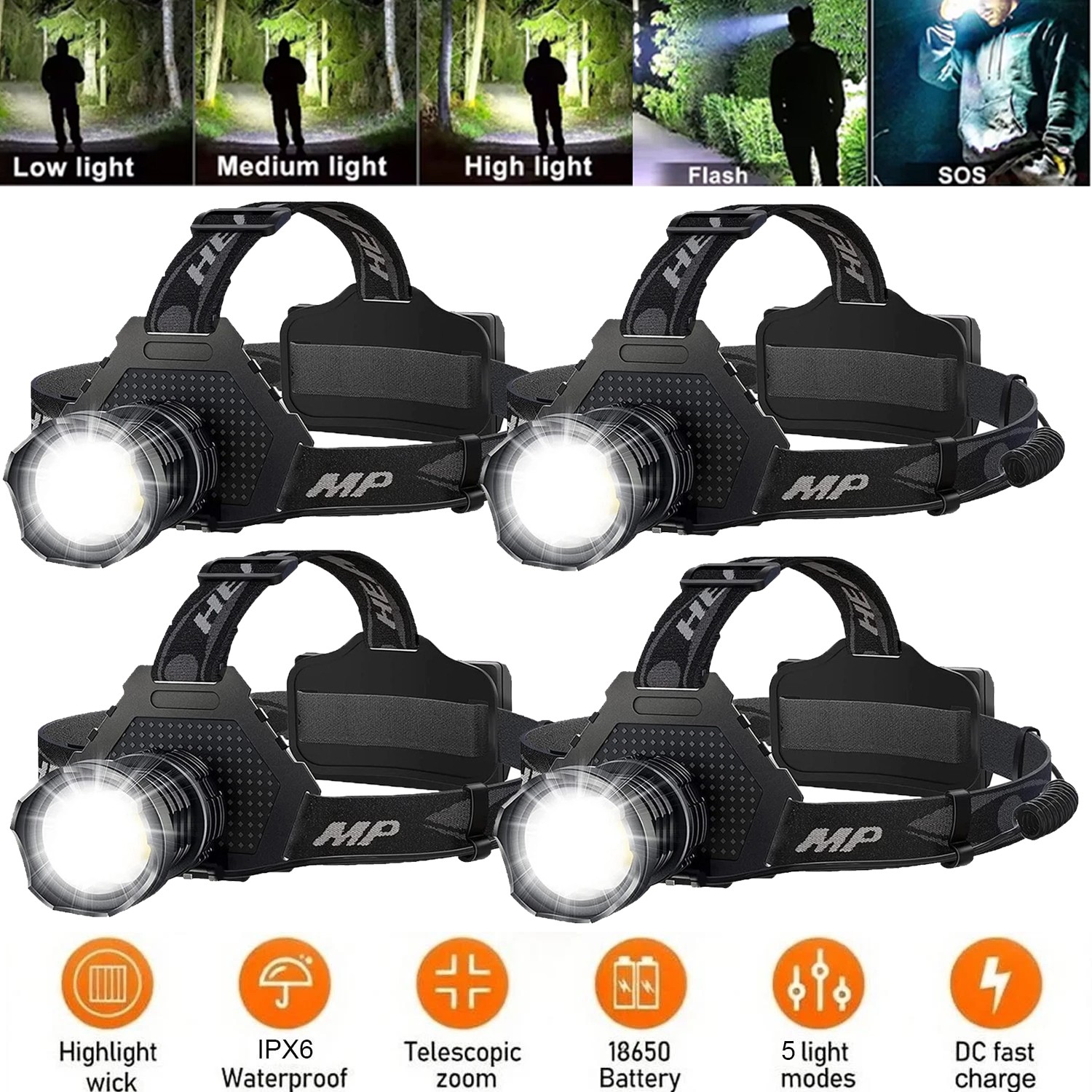 1-4Pack 100000 Lumen Super Bright Head Lamp Rechargeable LED Headlamp Flashlight