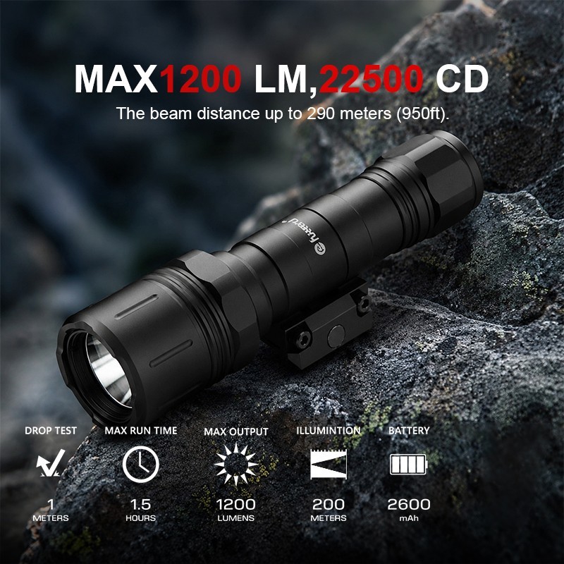 FL12W Tactical Flashlight MAX 1200 Lumens 3 Modes Push-button Tail Switch Rifle