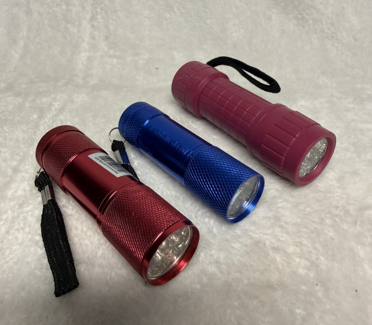 Lot of 3 Mini LED Bulb Flashlights Multi Pocket Sized Red Blue Pink Wrist Strap