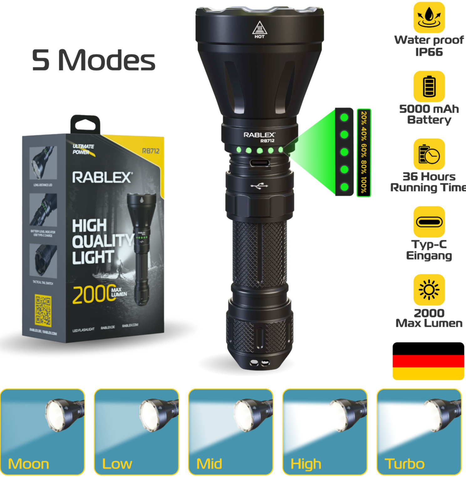 RABLEX LED Flashlight 2000 Lumens, 1000m Range, Waterproof, Aluminium