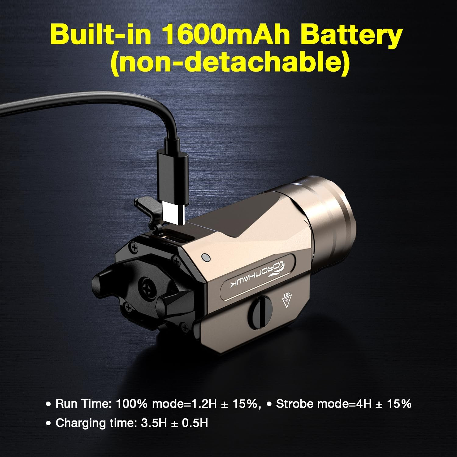 Rechargeable Pistol Light, 1350 Lumen Pic Rail Mounted Flashlight with Strobe, F