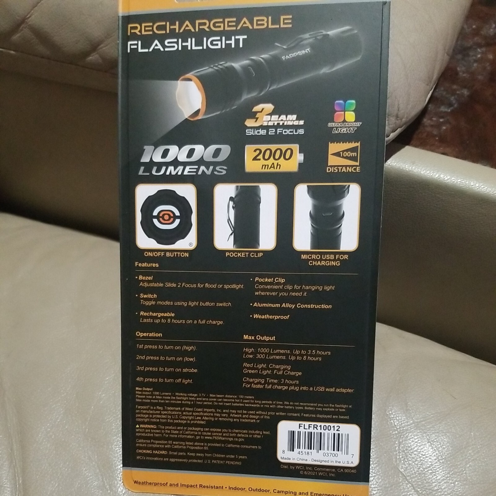 New sealed ! Farpoint COB TEC Rechargeable Flashlight- 1000 Lumens 2000mah