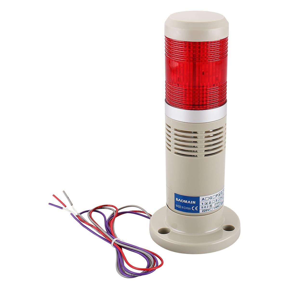 BAOMAIN 110V AC Industrial Signal Tower Light with Buzzer, Red LED Continuous…