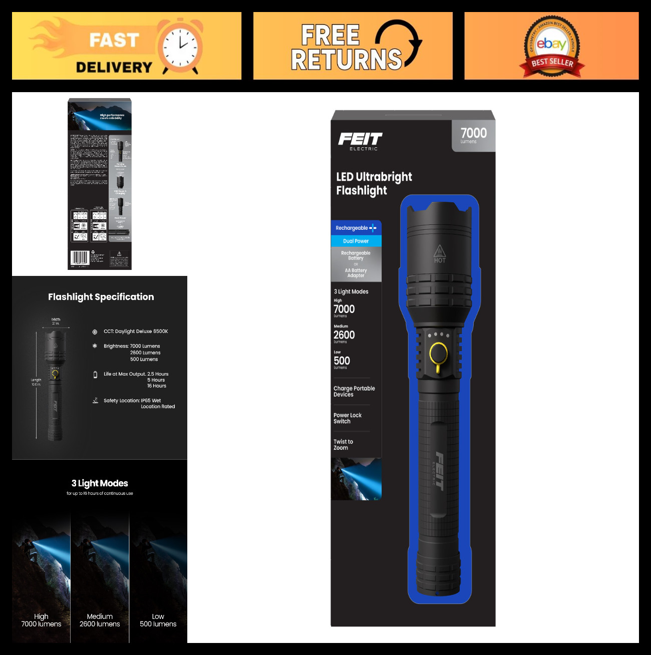 High-Power 7000 Lumens LED Flashlight – Rechargeable & AA Battery Compatible