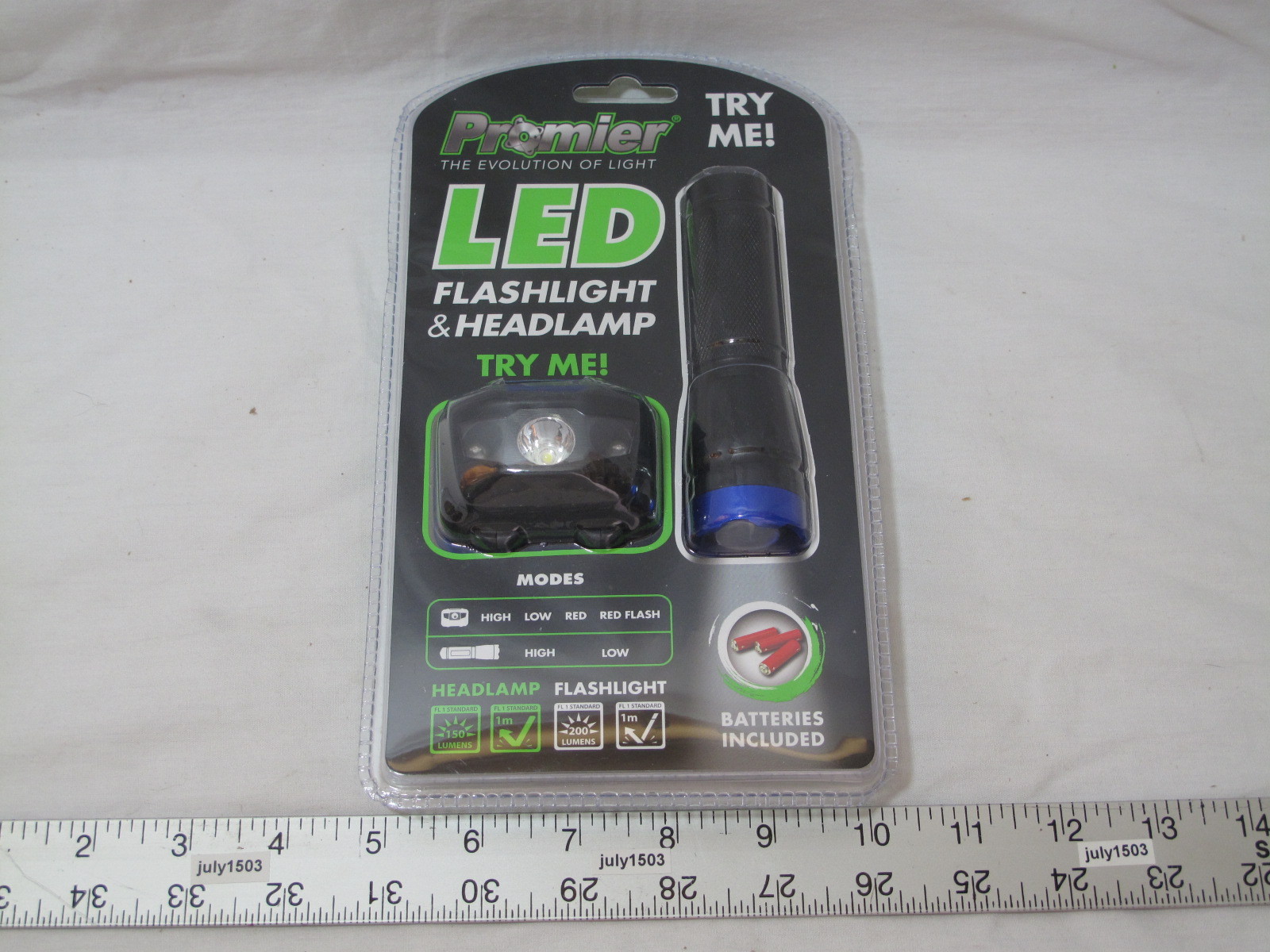 NEW 2-pc Promier Flashlight + Head Lamp Set High Low Red Steady Flashing