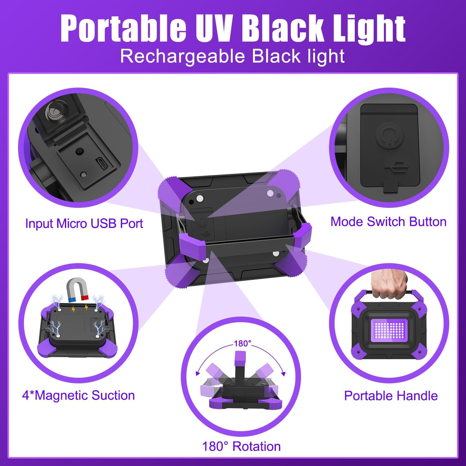 Portable Rechargeable Black Lights for Fishing & Glow Parties – 4 Pack