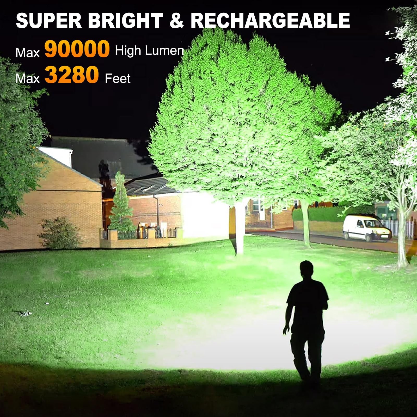Rechargeable 90000 Lumen Flashlight, Cob Light, 7 Modes, IPX7 Waterproof