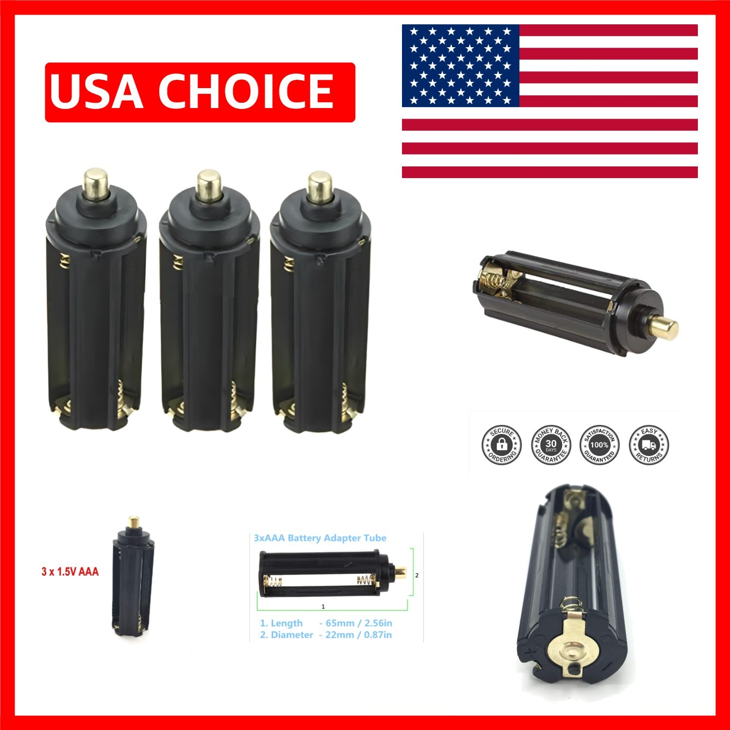 3-Piece Metal Plastic AAA Battery Adapter for Convenient Flashlight Use
