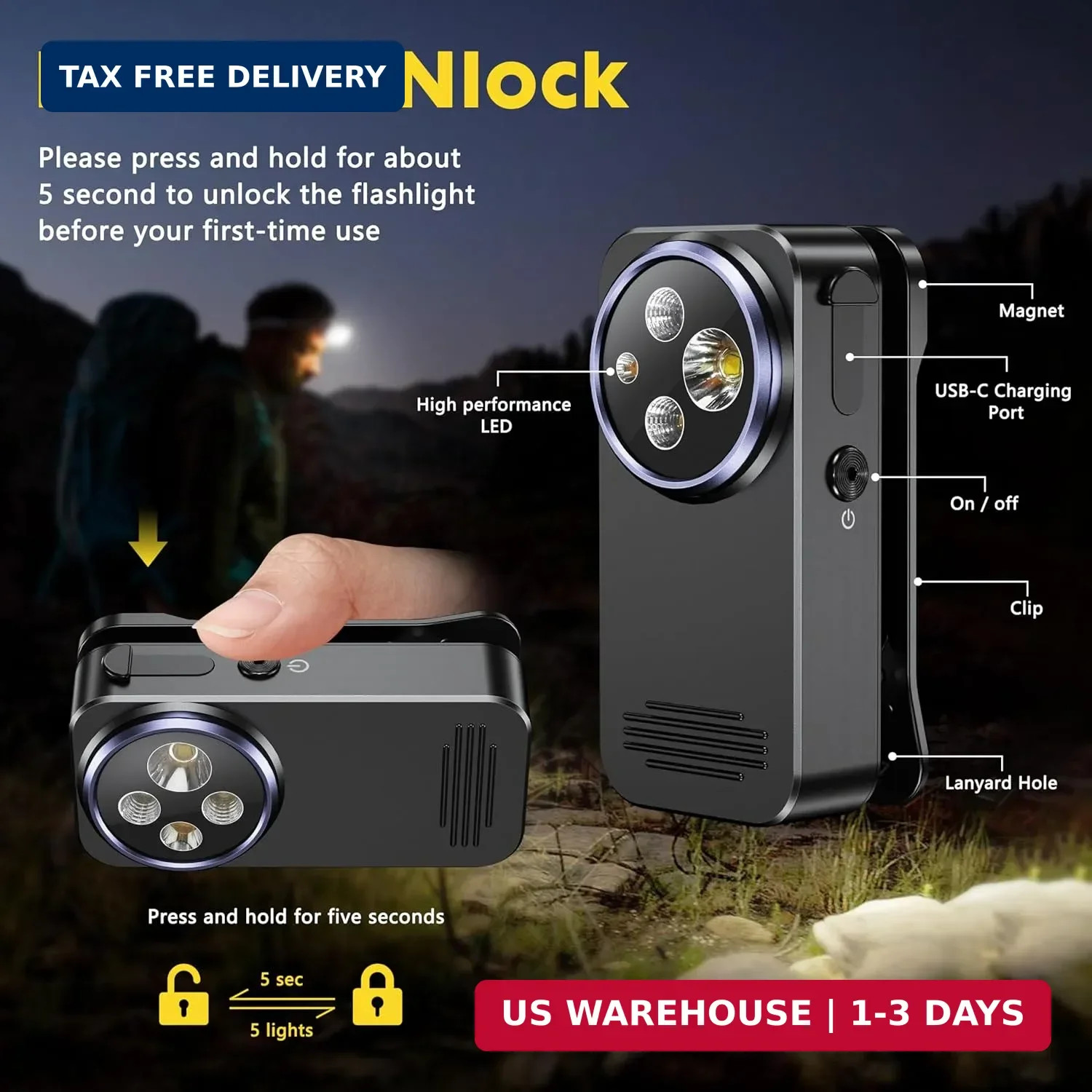 EDC Flashlight Clip-on Flashlight,600 Lumens with Four Lighting Rechargeable Min