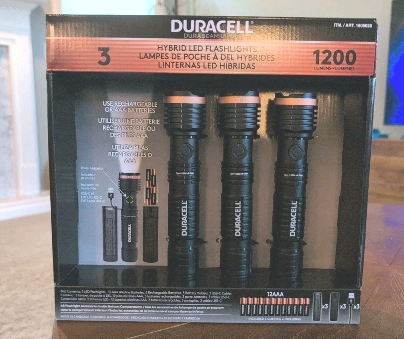 3 Duracell 1200 Lumens Hybrid LED Flashlights Incl. Rechargeable AAA Batteries