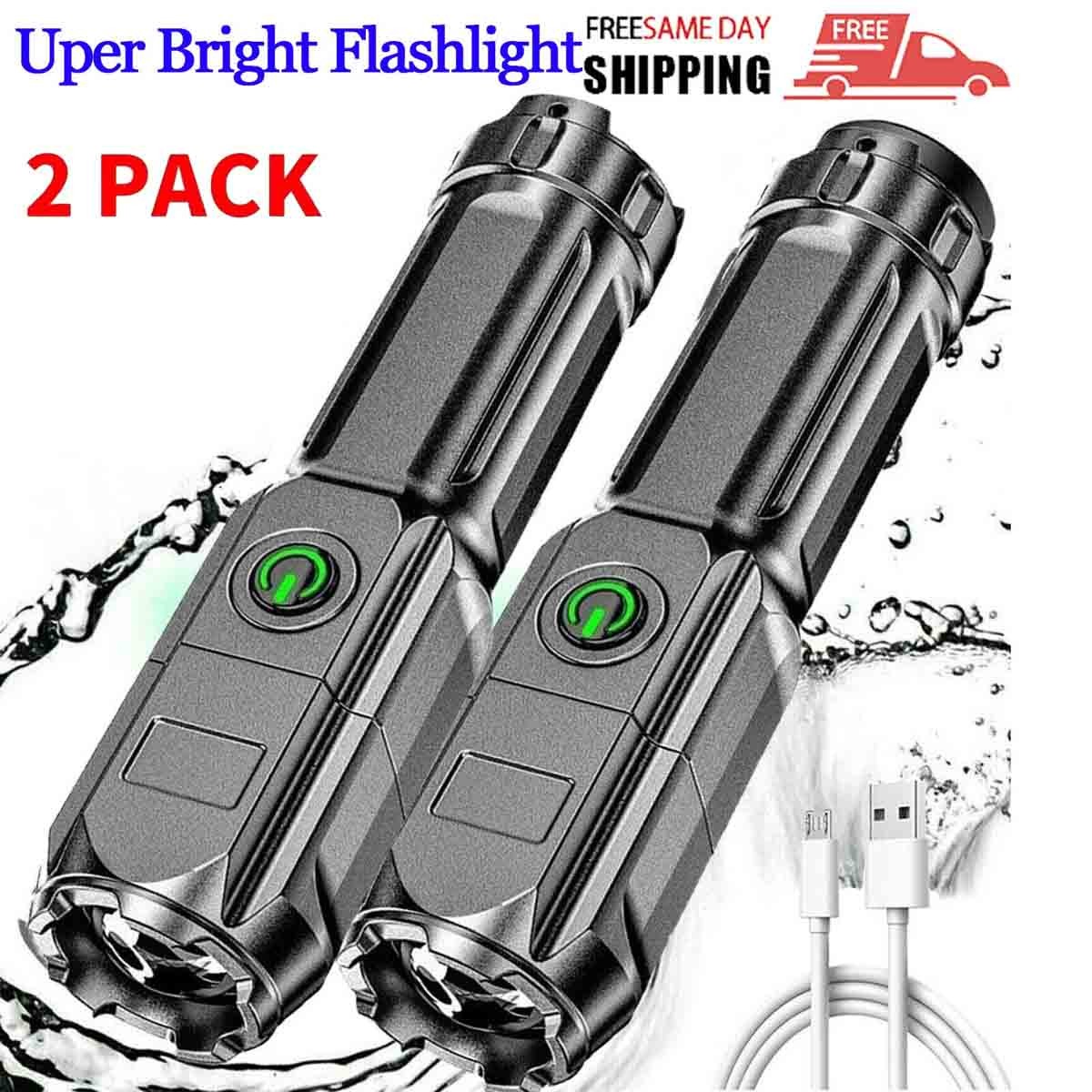 2 Pack Rechargeable Zoomable Tactical Flashlight IPX6 Waterproof LED Torch USA