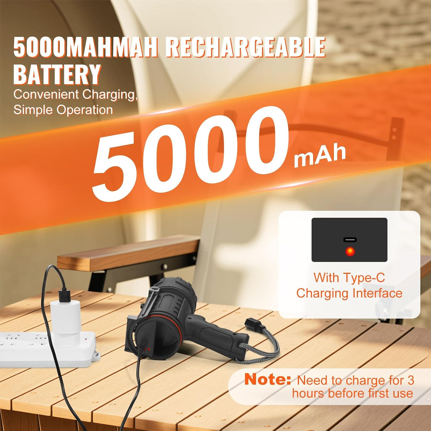 Rechargeable Spotlight Flashlight, 200,000 Lumens, IP67 Waterproof Handheld LED