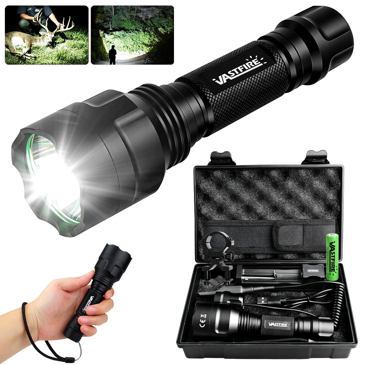 500Yards LED Flashlight Hunting Night Light Torch With Scope Mount 20mm Rail