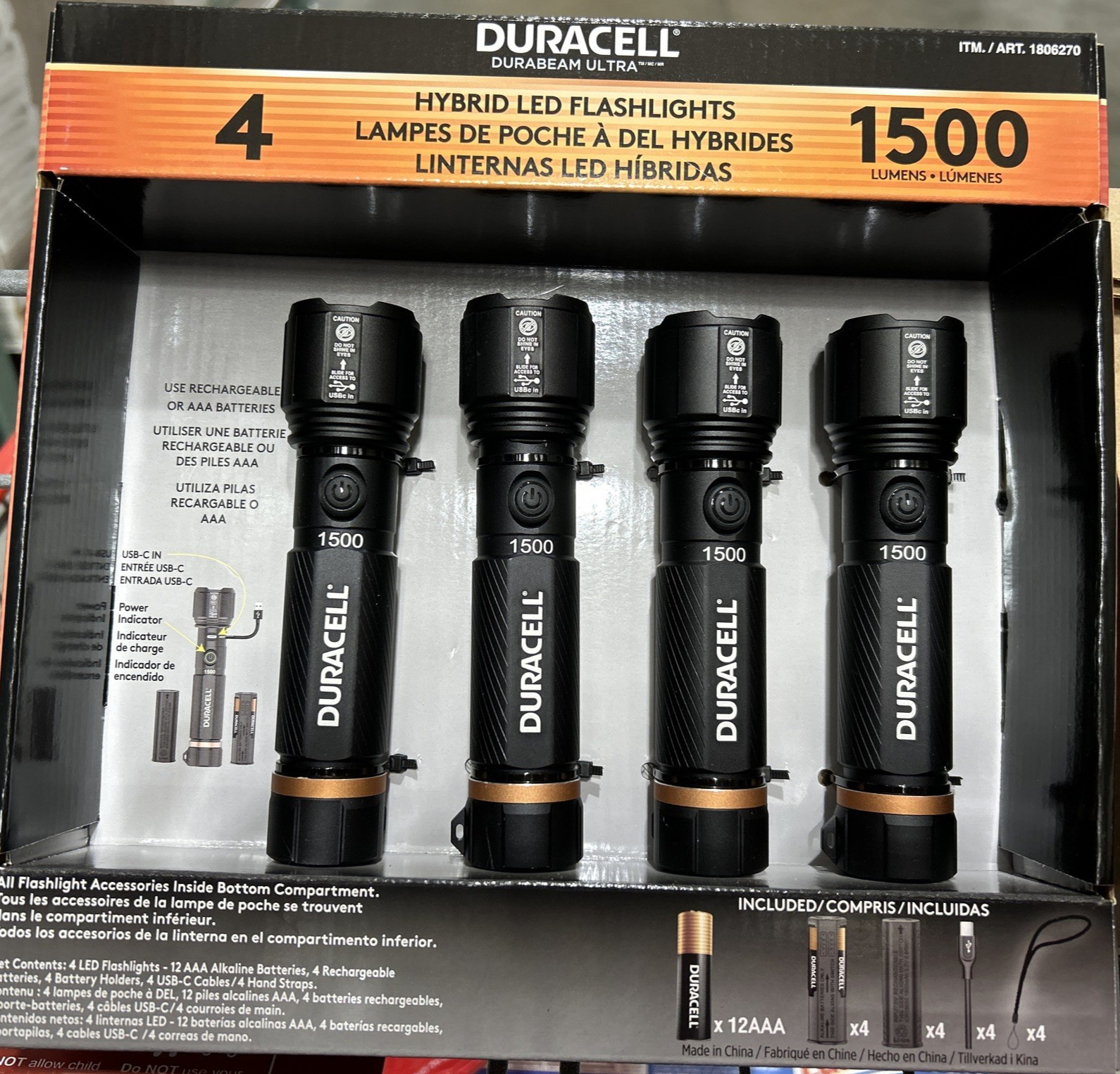 New! 4 Pack w/12 Batteries Duracell Durabeam Hybrid LED Flashlights, 1500 Lumens