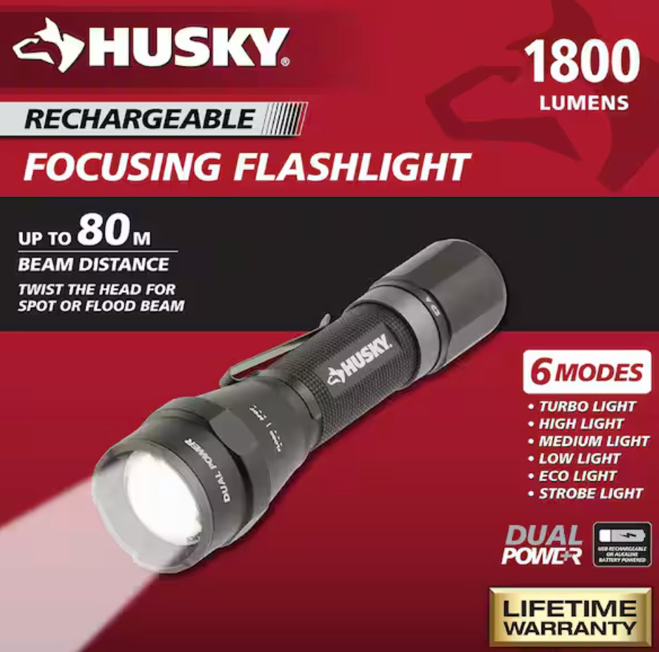 Husky 1800 Lumens Dual Power LED Rechargeable Tactical Focusing Flashlight