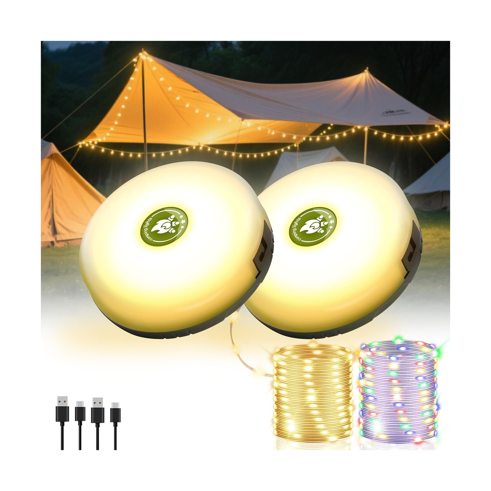 2Pack Camping String Lights, 4-in-1 Quick Storage Camp Light, 8Mode 32.8FT Ha…