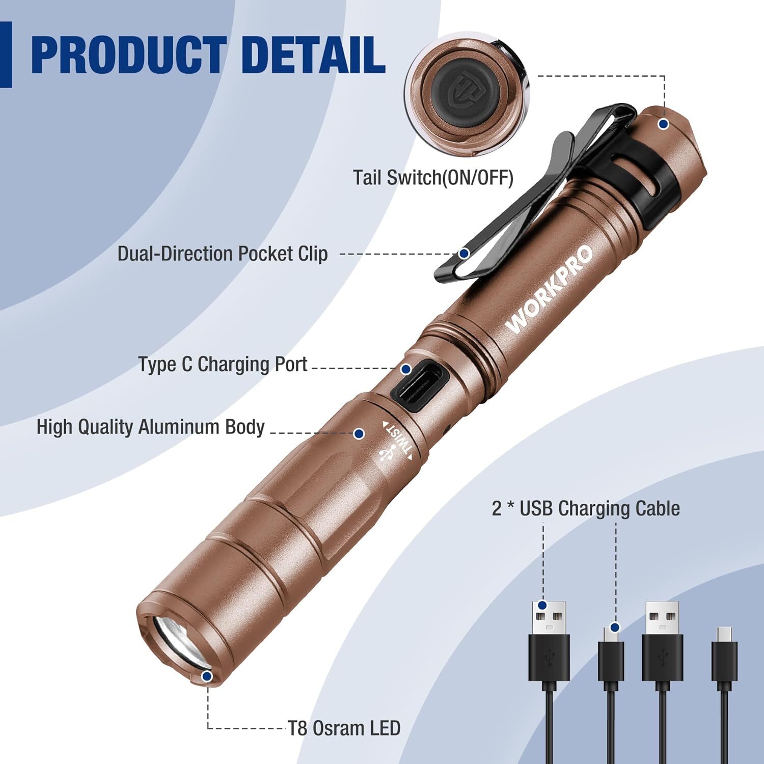 WORKPRO Rechargeable Pen Light Mini Flashlight 2Pk Ultra-Compact EDC Flashlight