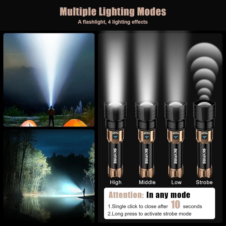 SKYFIRE 1500000LM LED Flashlight Rechargeable Zoom Fire Starter Waterproof
