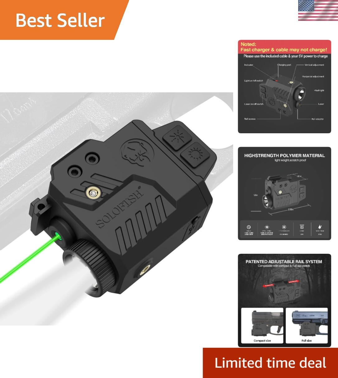 700 Lumens Tactical Flashlight with Adjustable Rail and Laser Combo for Firearms
