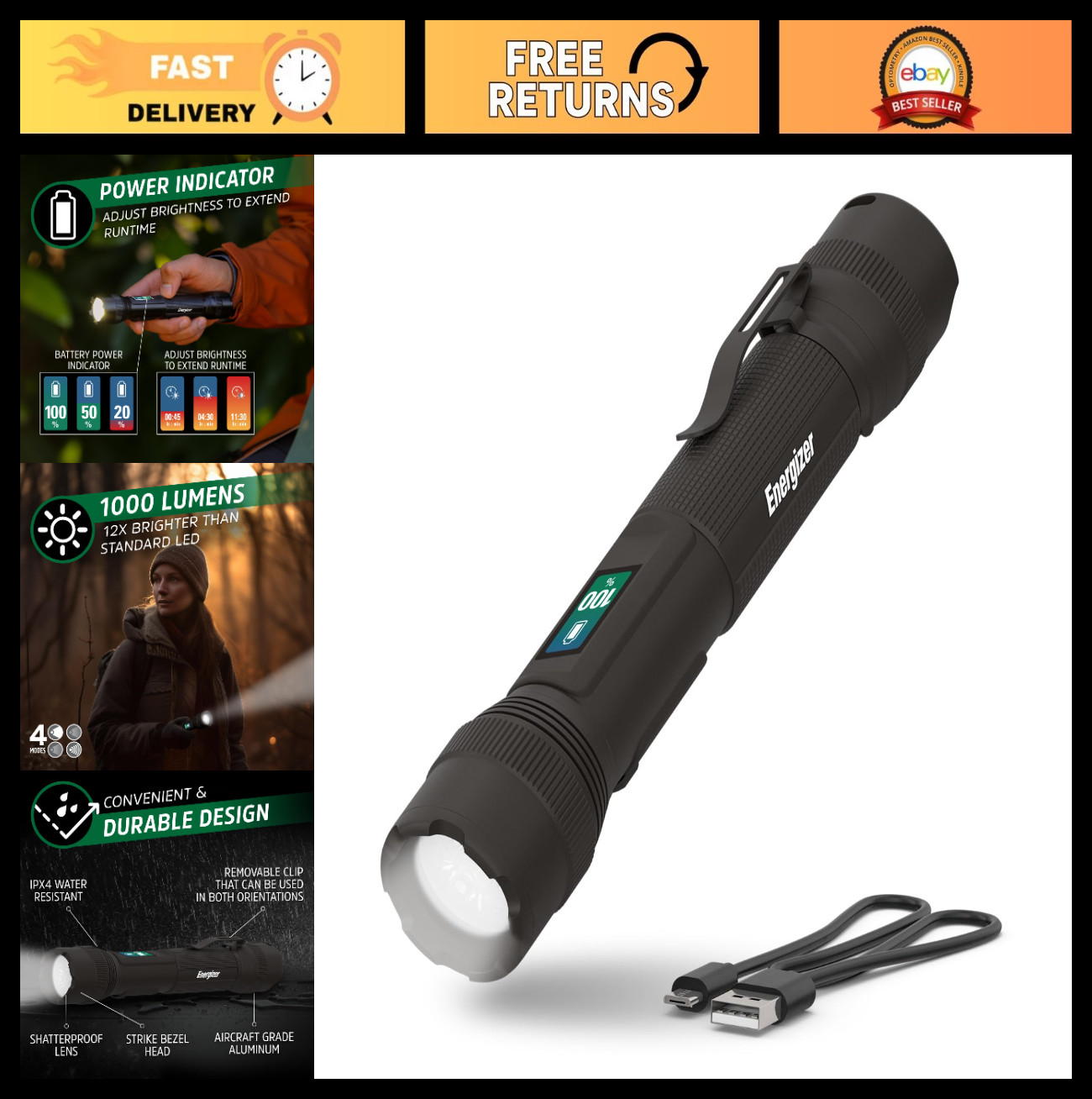 Super Bright Rechargeable LED Flashlight, IPX4 Water Resistant, Power Indicator,