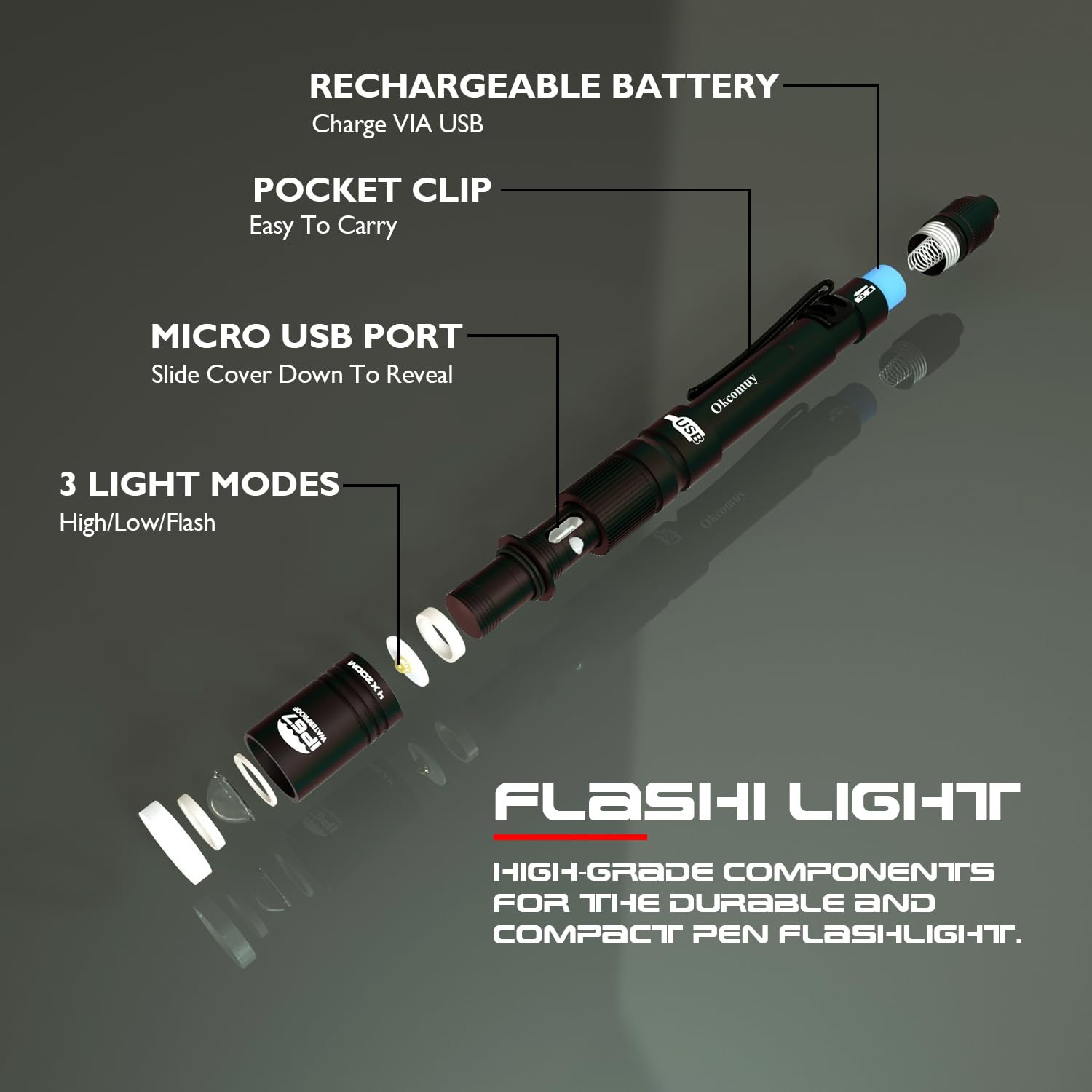 okcomuy Rechargeable Pen Light Flashlight IP67 Waterproof with 1 Pack, Black