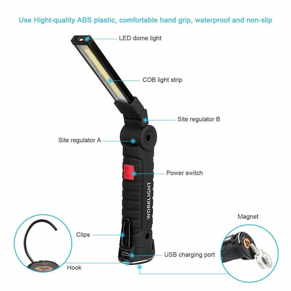 2 Pack Magnetic Base LED COB Work Light Rechargeable Mechanic Torch Flashlight