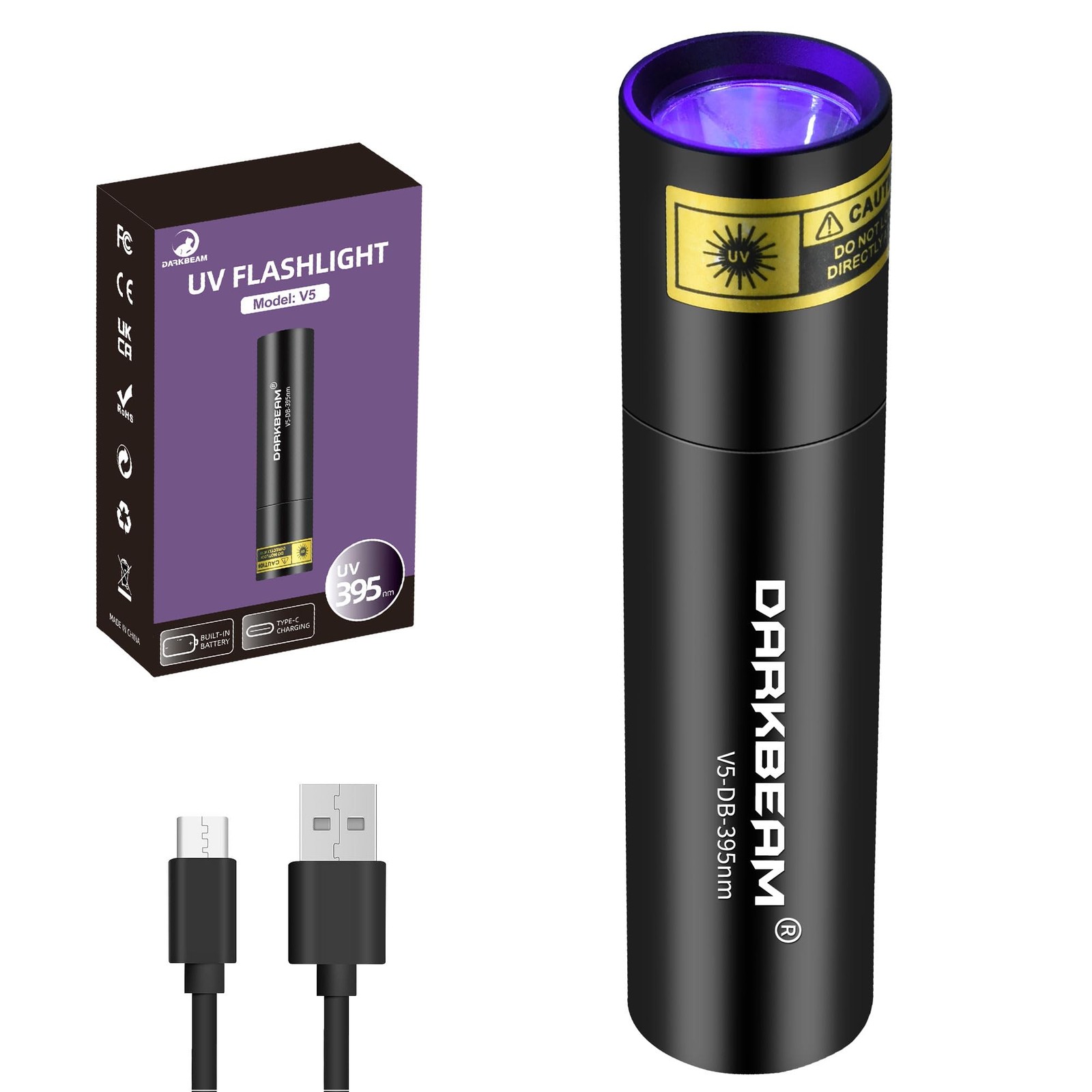 DARKBEAM UV Flashlight 395nm Blacklight USB~C Rechargeable LED