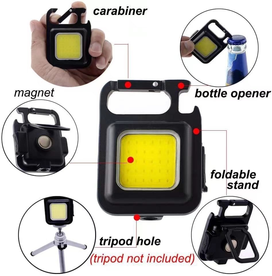Mini LED 800 Lum USB Rechargeable COB Keychain Work Lights Key Ring Camp Torch