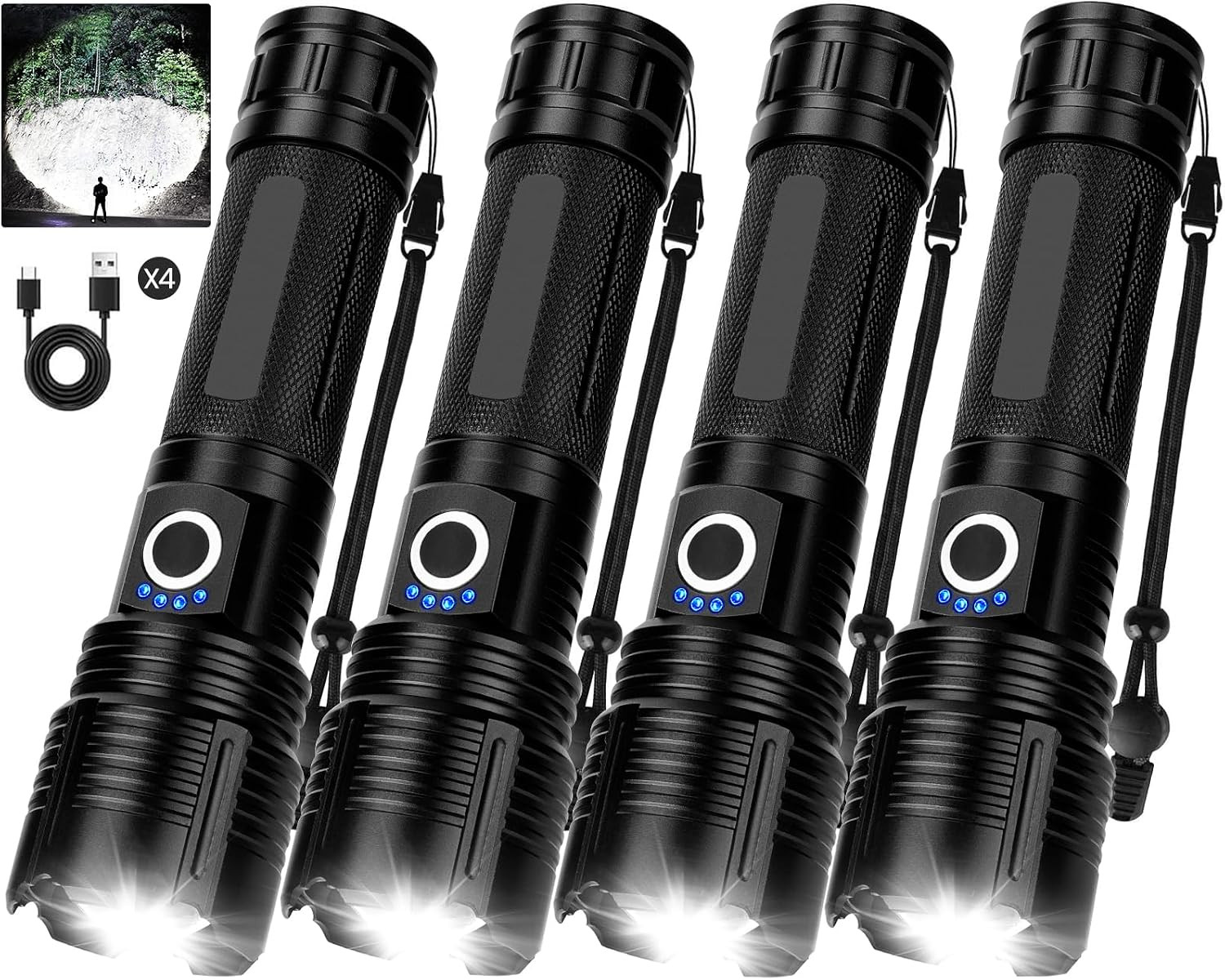 4 Pack Flashlight Rechargeable High Lumens, 99000LM Flash Light, Adjustable LED