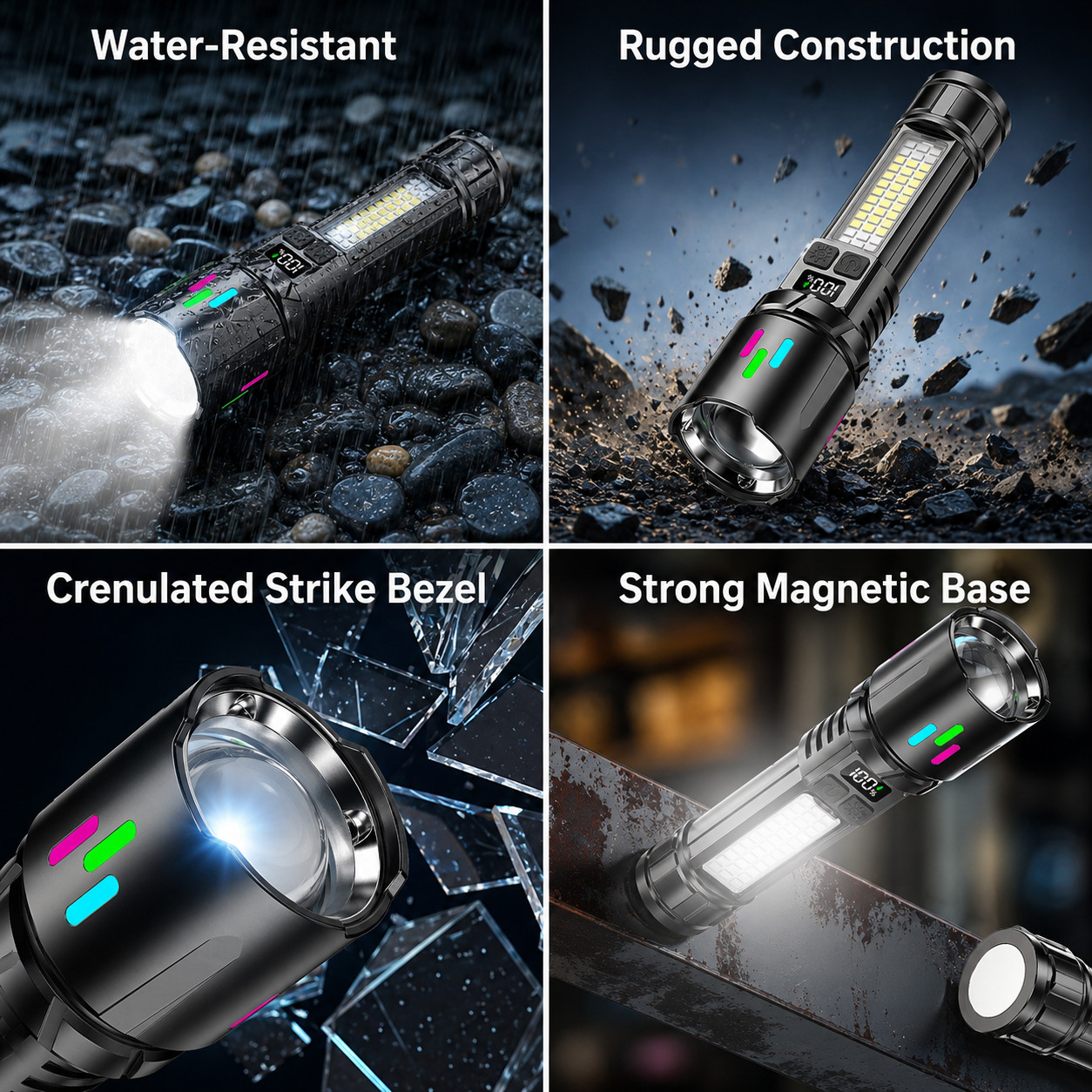 2PACK- 2000LM Rechargeable LED Flashlight USB-C RGB Power Bank Magnetic Tactical