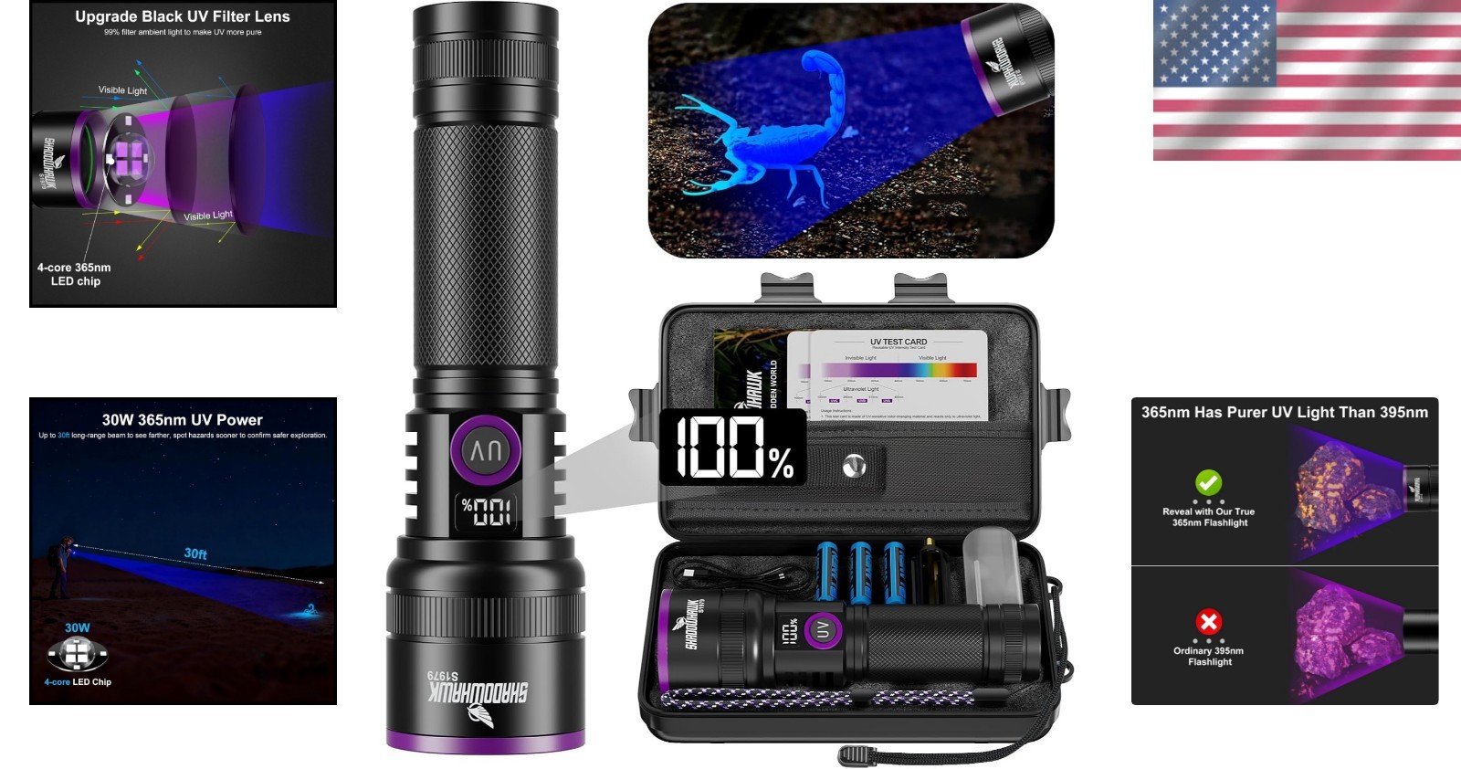 365nm UV Flashlight with Filter Lens – 30w Powerful Black Light