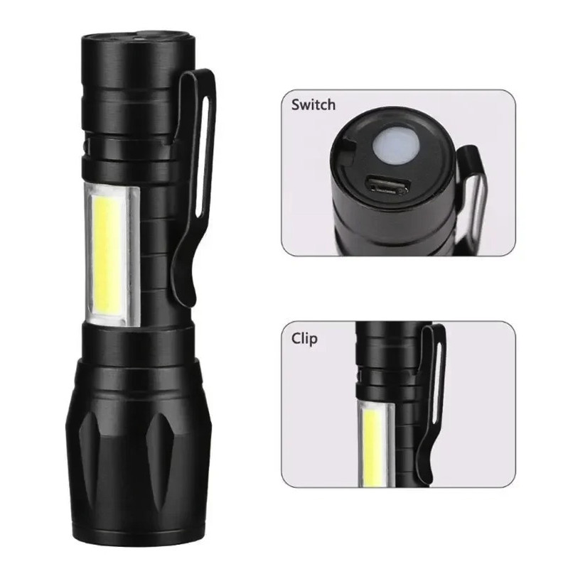 Mini LED Flashlight USB Rechargeable: COB+XPE Zoomable Tactical Torch – NEW