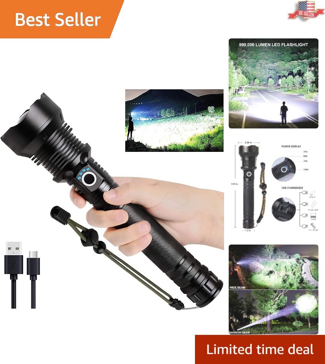 Super Bright 90,000 Lumens Tactical Flashlight with Adjustable Focus & IPX7