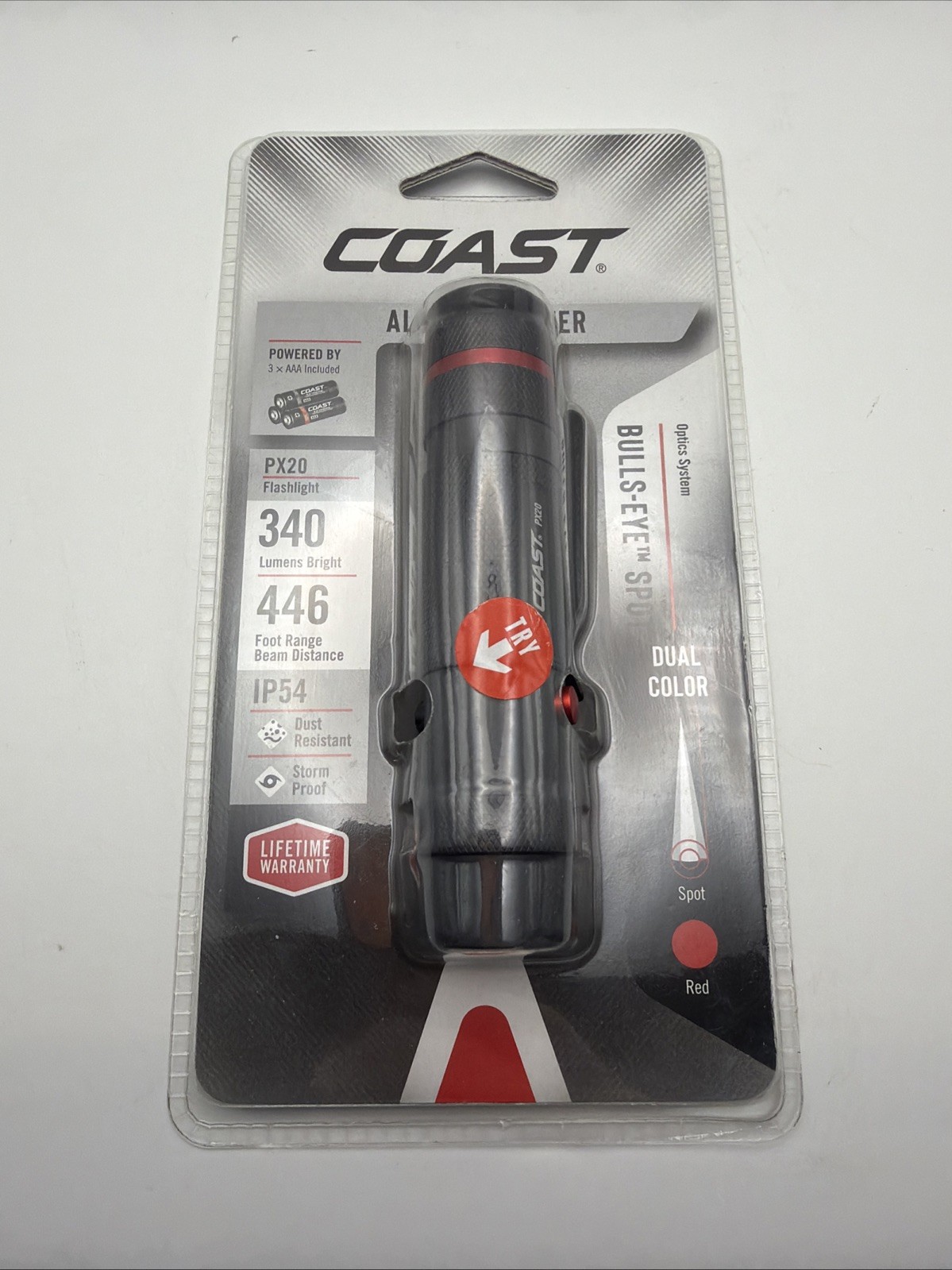 Coast PX20 Red Flashlight 340 Lumens IP54 Waterproof 3 x AAA Batteries Black
