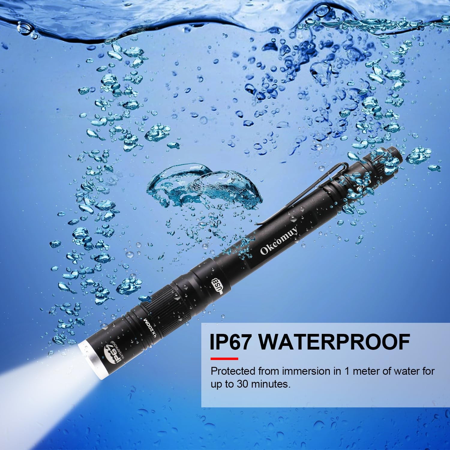 okcomuy Rechargeable Pen Light Flashlight IP67 Waterproof with 1 Pack, Black