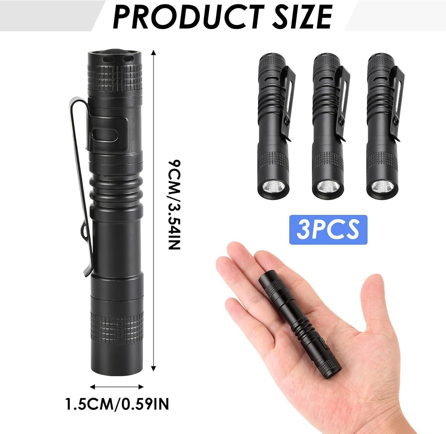 Mini Flashlight 3 Pack AAA Pocket Pen Light 500lm Portable Outdoor Emergency