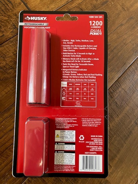 Husky Rechargeable Focusing Flashlight Dual Power 1200 Lumen PVL-FLT-0020