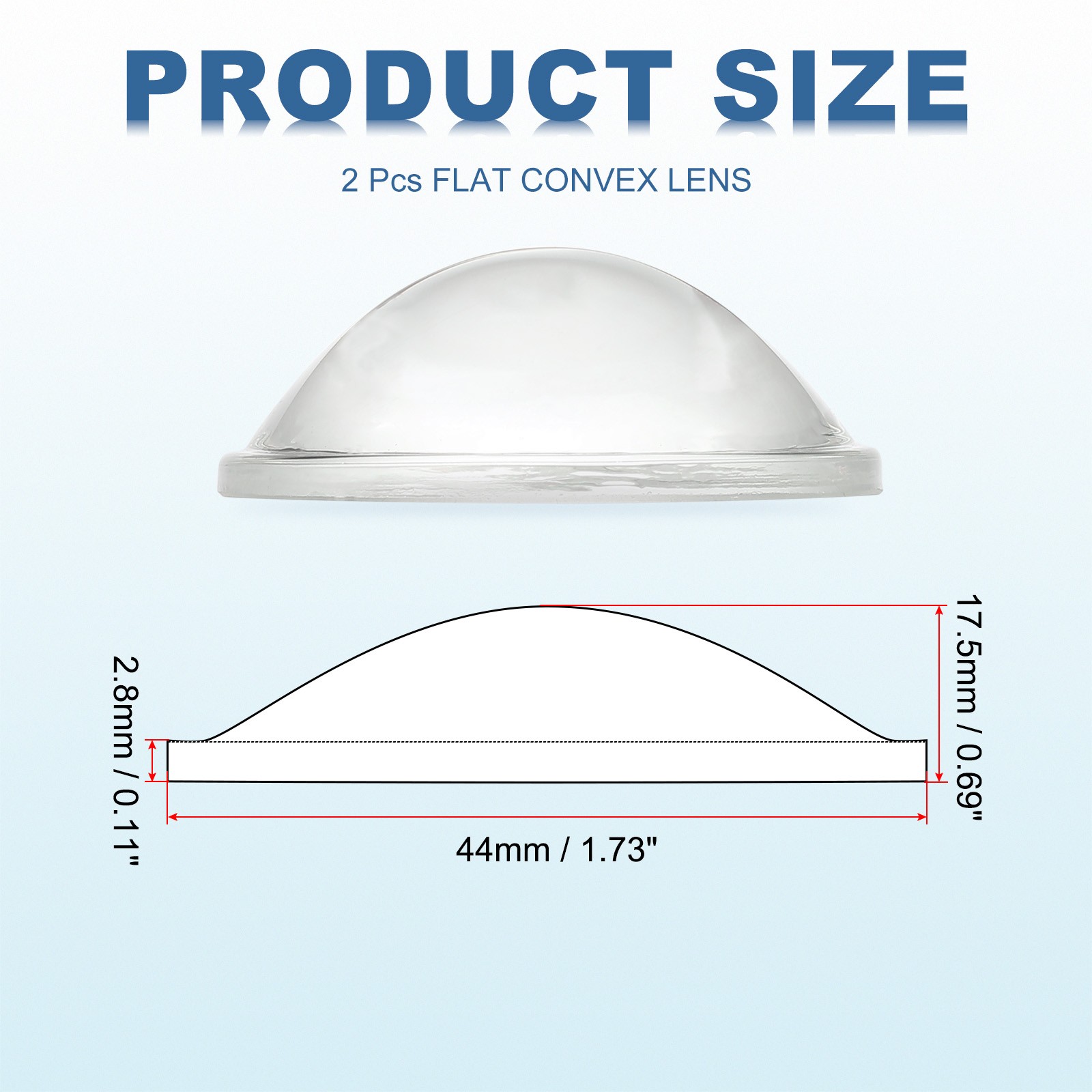 Diameter 44mm Flat Convex Lens, 2 Pcs Height 17.5mm Optical Lens, 2.8mm