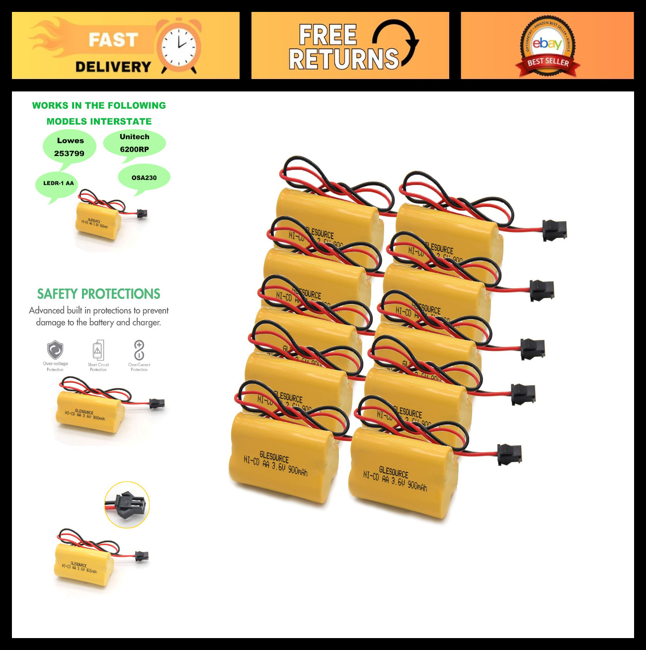 900mAh 3.6V Emergency Exit Light Battery Compatible with Lithonia & More (10 Pac