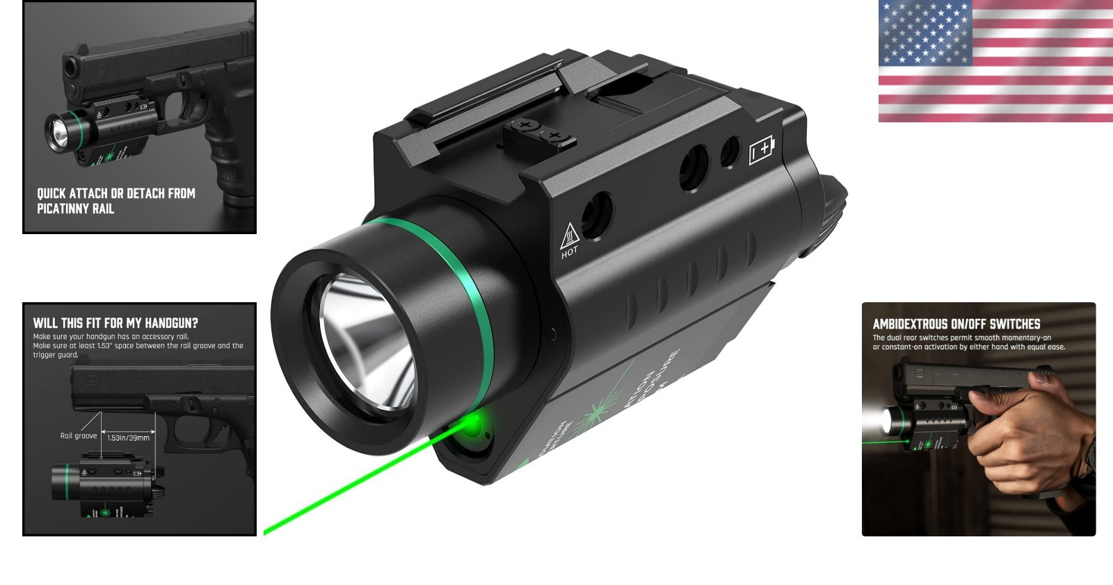 Durable Red/Green Laser Flashlight Combo – 500 Lumens with Night Vision Feature